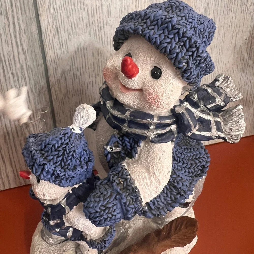 Snowman Buddy Family Ice Skating Figurine Blue Knit Sweaters Squirrel Bird